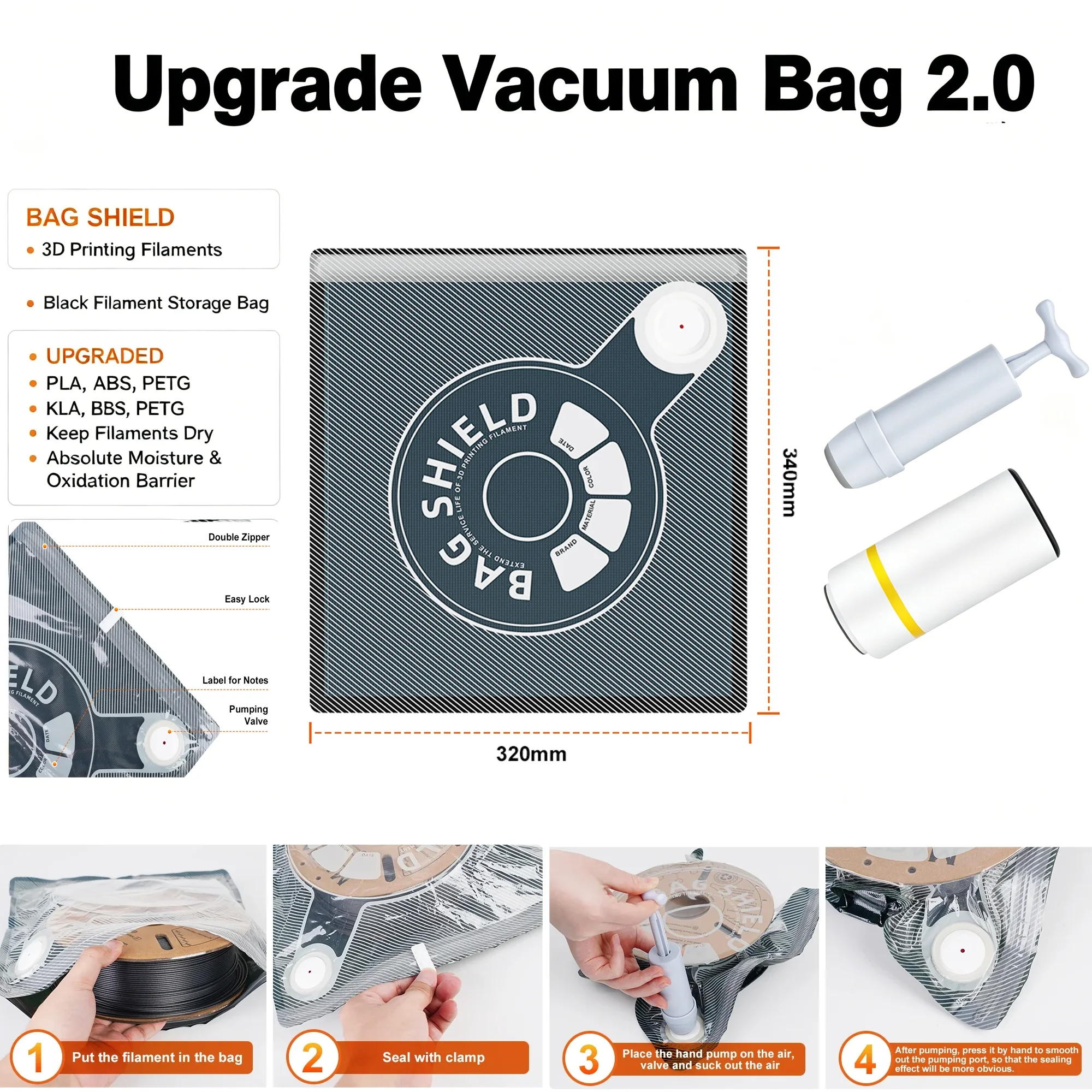 Upgrade 2.0 3D Filament Storage Bag With Valve Vacuum Bag Dryer Safekeep Humidity Resistant Sealing Bag Keep Filament Dry Sealed