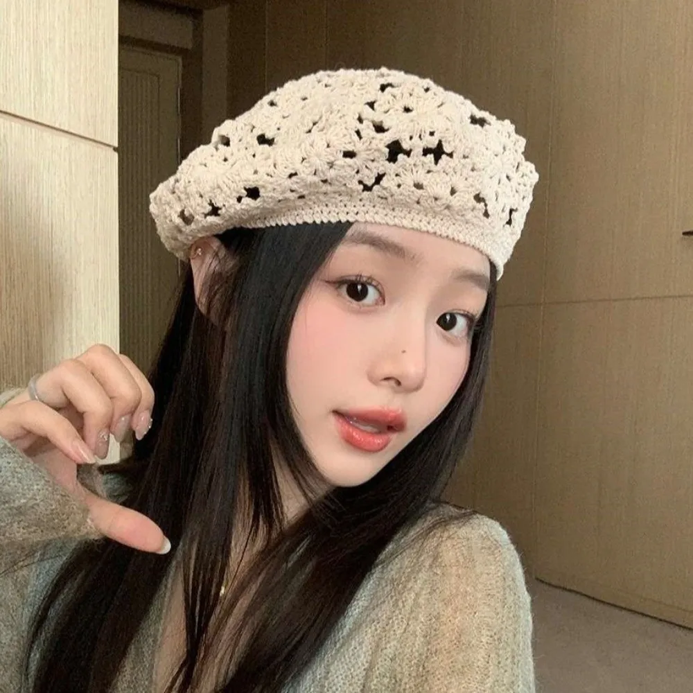 

Fashion Breathable Flower Hat Thin Japanese Style Hollowed Out Beret Headgear All-match Crochet Knitted Cap Women