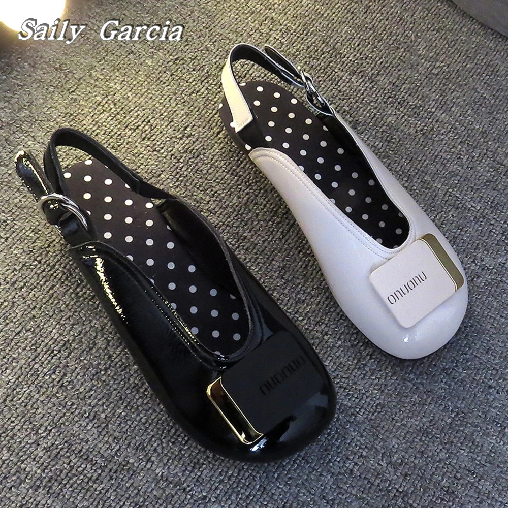 

Glossy Round Toe Metal Buckle Strap Shallow Flat Shoes Summer New Polka Dots Insole Slip On Shoes Classic Casual Fashion Shoes