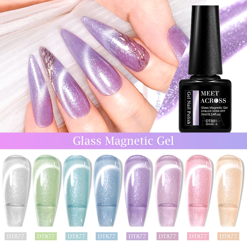 MEET ACROSS 7ml Glass Cat Magnetic Gel Nail Polish For Nails Glitter Semi-Transparent Nail Art Soak Off UV Gel Varnish Manicure