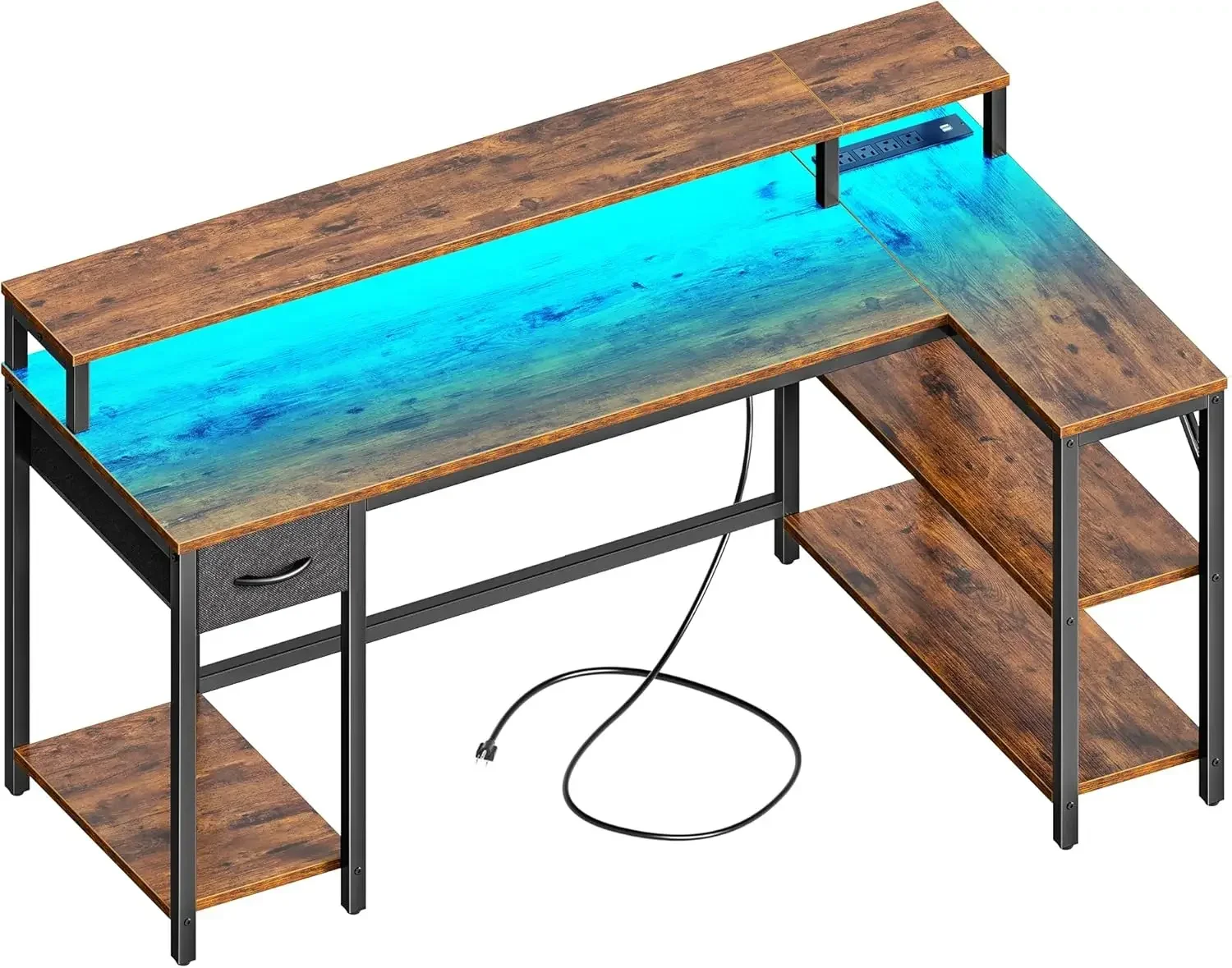 53 inch Reversible L Shaped Desk with LED Lights & Power Outlets, Computer Desk with Shelves & Monitor Stand, Gaming Desk