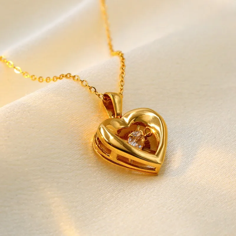 

18K Gold PVD Coated 316L Stainless Steel Choker with Zirconia Hollow Heart Pendant, Anti-Allergic Women's Jewelry