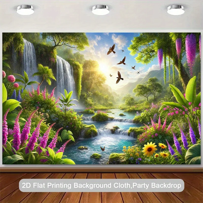 2D Flat, Waterfall Garden Background Banner - Vibrant Polyester Decoration for Home, Living Room, Studio, and Party Events,