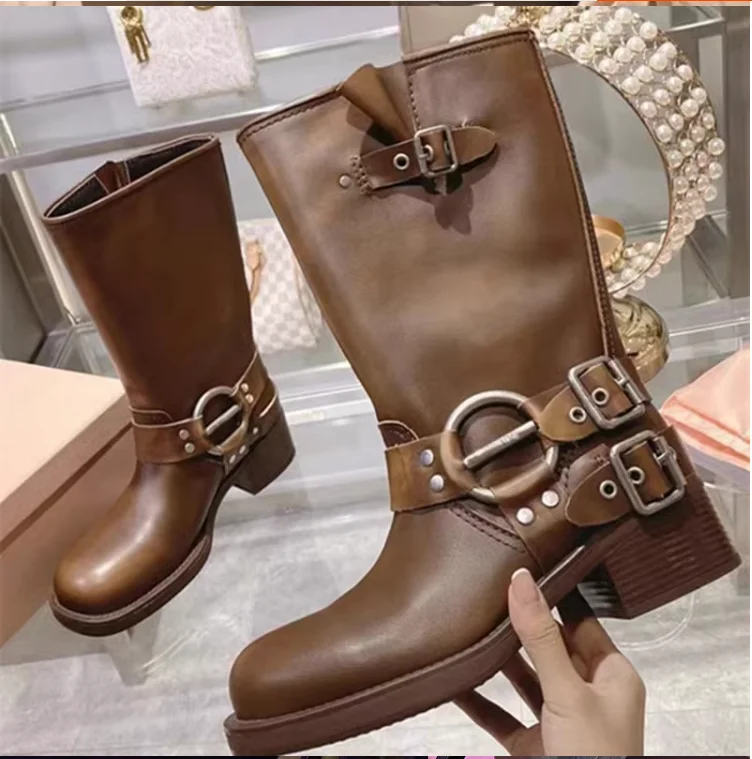 ROME Round Toe Mid-calf Leather Buckle Boots Women Design Chunky Heel Brown Boots Lady Cowboy Shoes 2024 Fashion