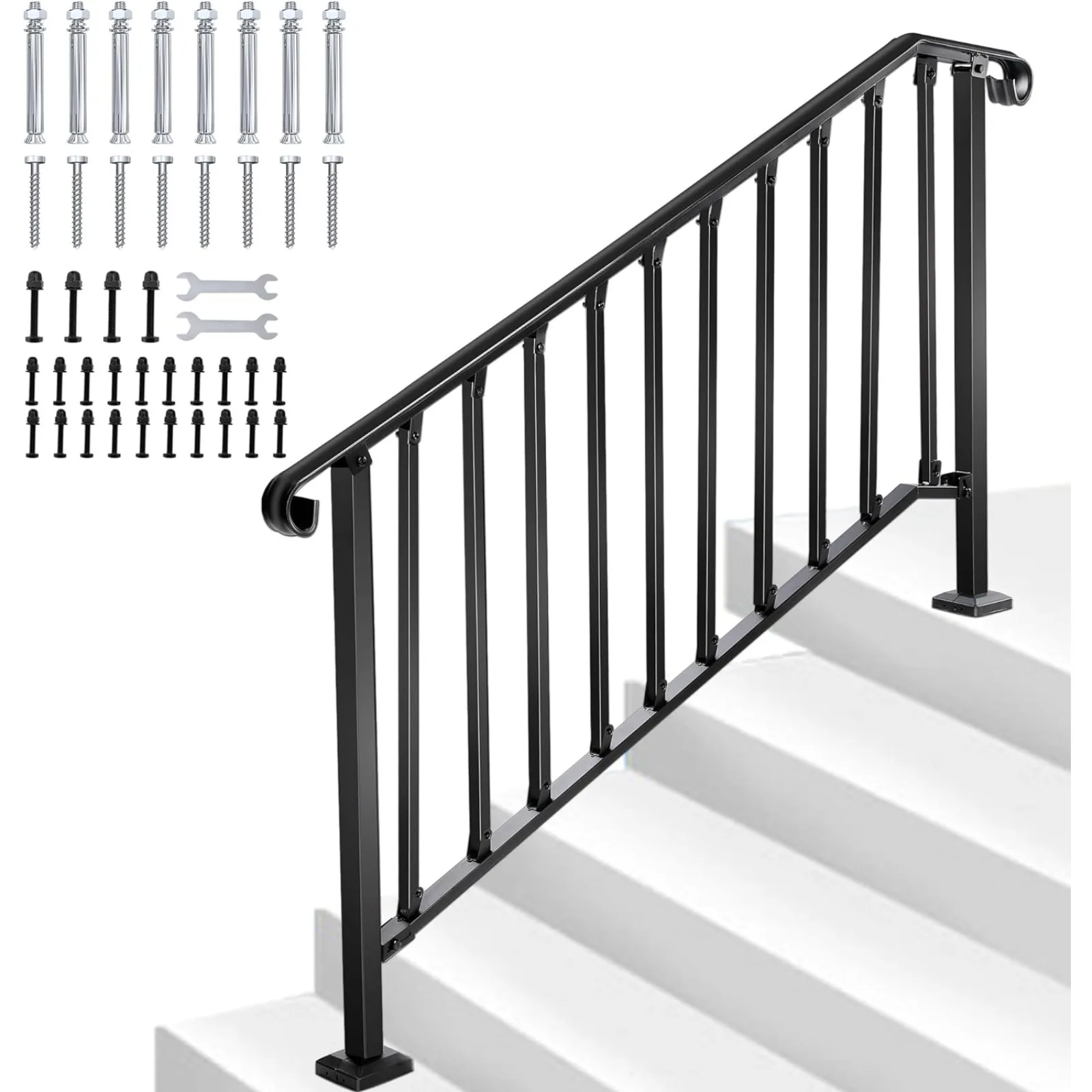 US  Handrails for Outdoor Steps, Fit 4 or 5 Steps Outdoor Stair Railing Exterior Steps Wrought Iron Handrail for Concrete Steps