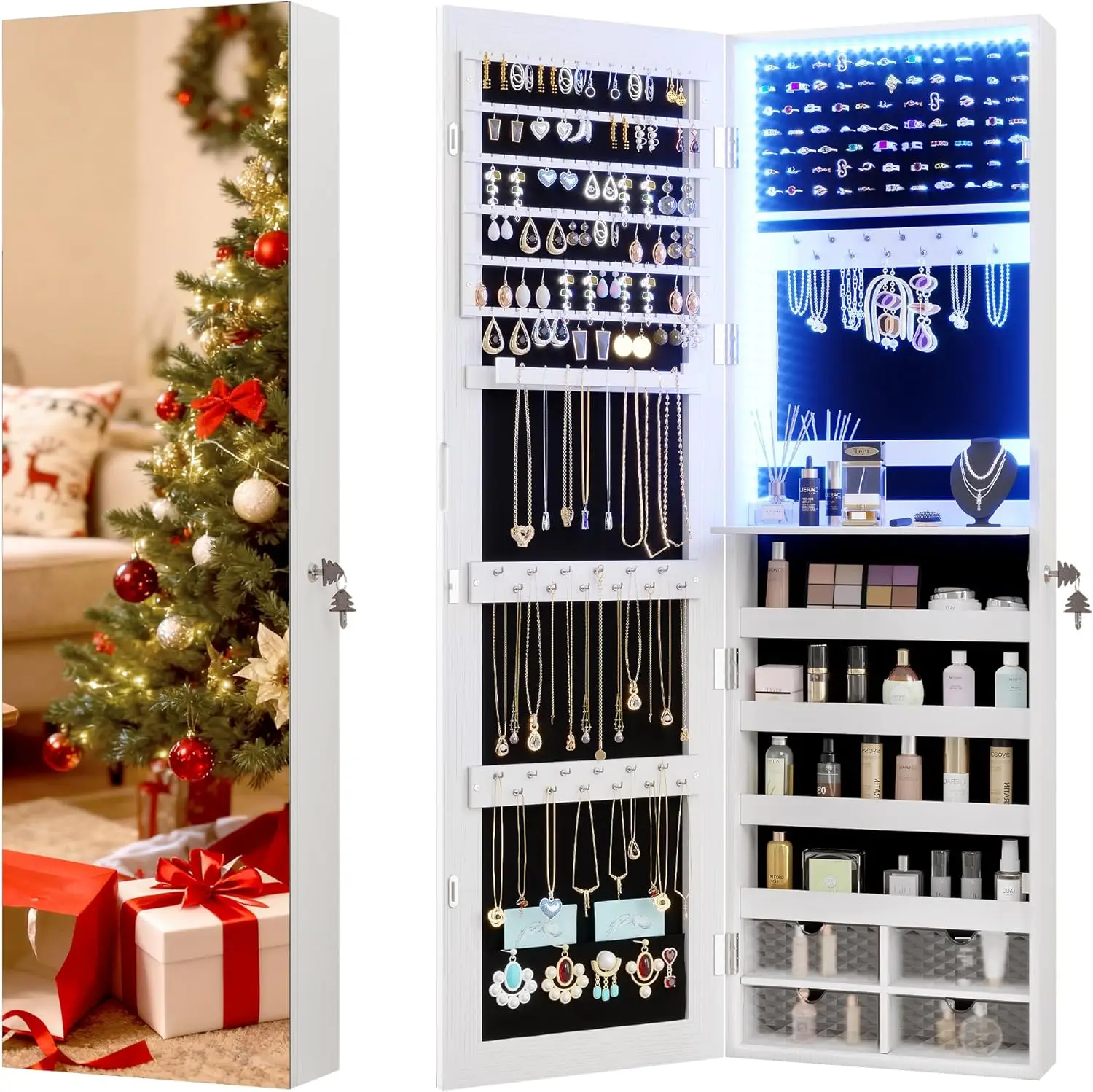 

47.2' LED Wall-Mounted Jewelry Cabinet with Full Mirror, 4 Drawers, 5 Shelves, White