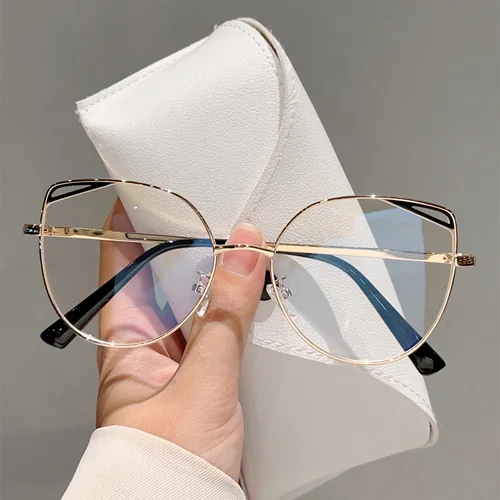 Imagen 2 del producto Montura de gafas de metal hueca de ojo de gato de alta calidad, gafas de protección contra luz azul simples a la moda para mujer, gafas de ordenador, lentes planas