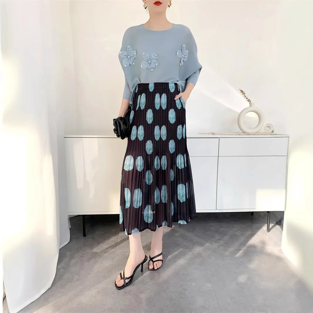 Miyake Plissierter, gepunkteter Halbrock, 2023, Sommer, neu, bedruckt, hohe Taille, dünn, elastische Taille, drapierter Faltenrock