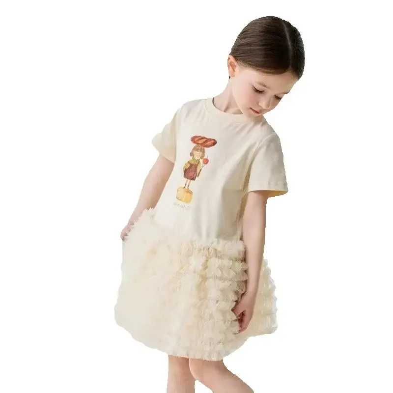 Girls Dress Summer New Cute Cartoon T-shirt Splicing Fluffy Yarn Princess Dress Korean Style Short Sleeve Trendy Dress