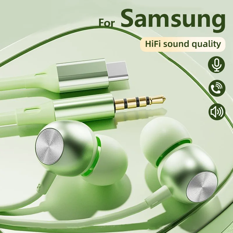 Headphone Tipe C earphone berkabel 3.5mm Headset Earbud dengan mikrofon Chip DAC untuk Samsung Galaxy S24 S23 S21 S22 Ultra iPhone15
