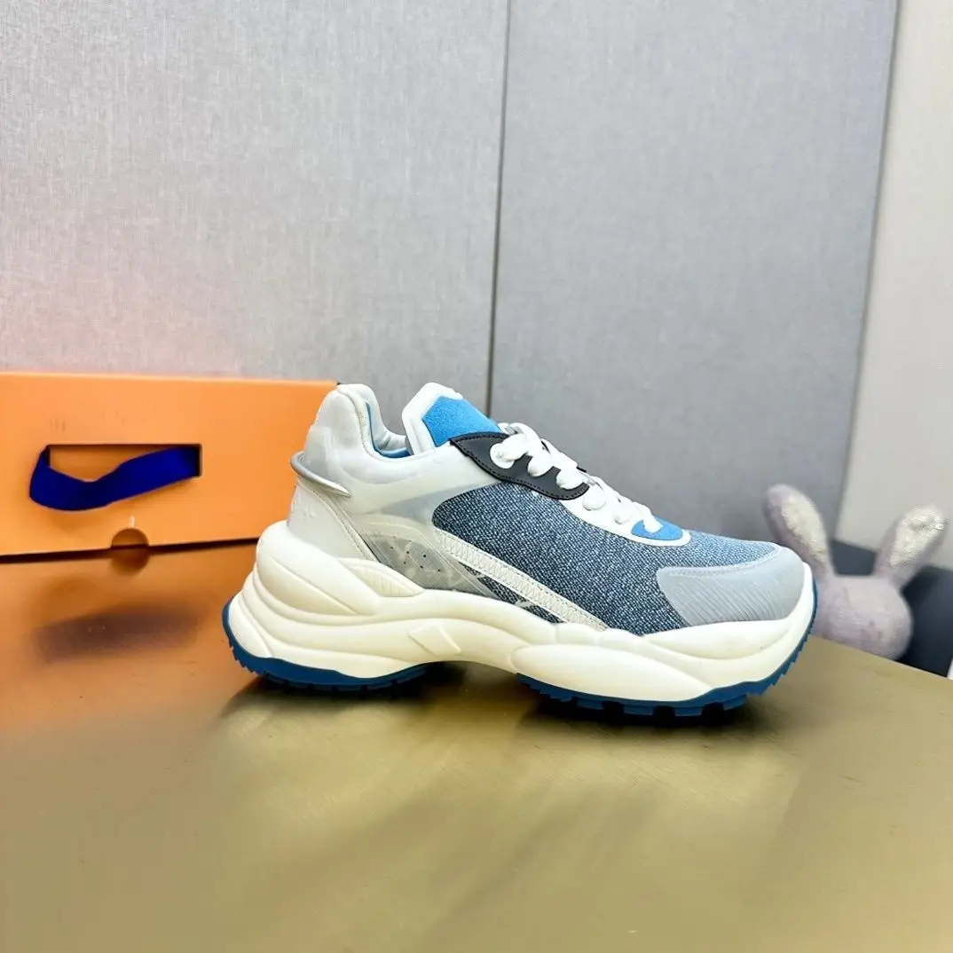 Unisex Blue White Chunky Dad Sneakers Glitter Knit Mesh Transparent TPU Splicing Multi-layer Wave Thick Platform Sole Lace Up Height Increasing Street Casual Shoes