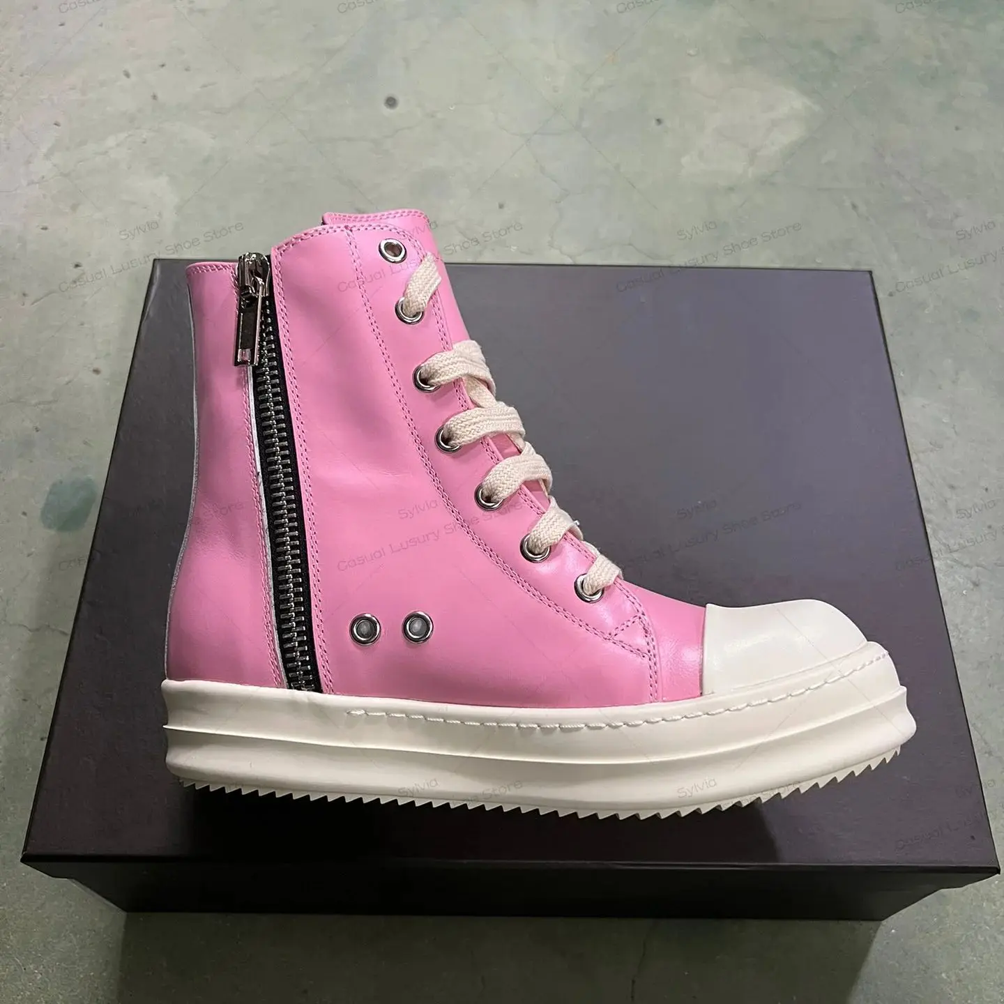 Ricks High Quality Luxury Casual Shoes Men Owens Ankle Boot Women RO High Top Pink Leather High Top Lace Up Zipper Flat Sneakers