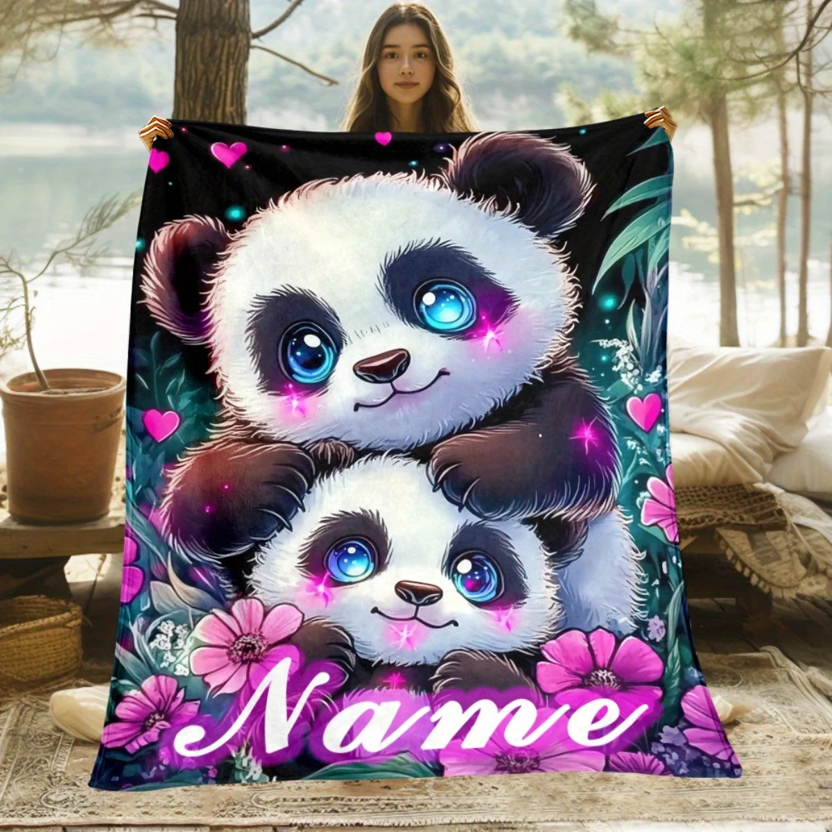 Niedliche Panda-Decke mit individuellem Namen – leichte und weiche Polyester-Bettwäsche, geeignet für Sofa, Bett, Reisen und Camping, digital