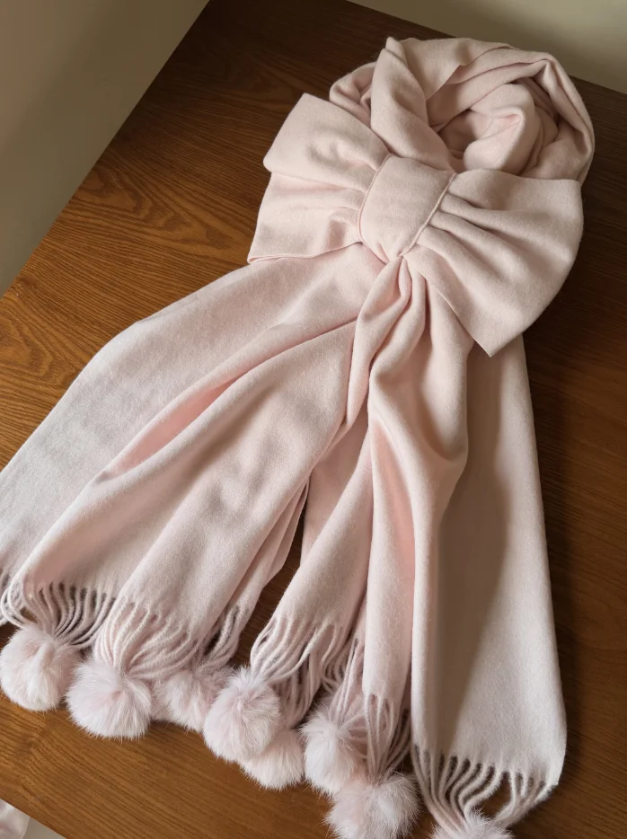 

Winter Original Lolita Pink Scarf Japanese Sweet Bow Fringed Hairball Scarf Going Out To Keep Warm Cute Versatile Casual Scarf