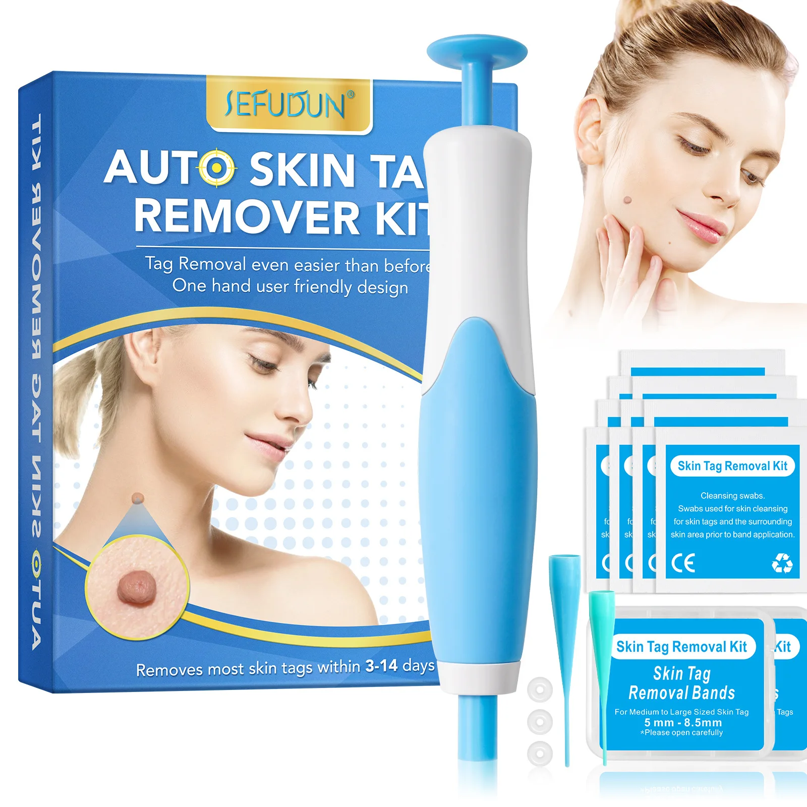 Kit de herramientas de eliminación de etiquetas de piel automática 2 en 1, etiqueta de piel indolora, pluma de eliminación de verrugas y acné con hisopos de limpieza, herramienta para el cuidado de la piel Facial