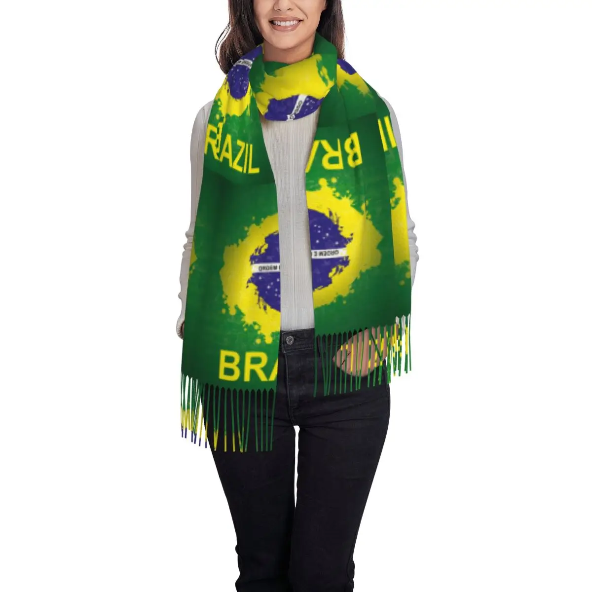 Brazil Flag Scarf Tassel Scarves for Women Soft Warm Shawls and Wraps Large Fall Winter Shawl Wrap
