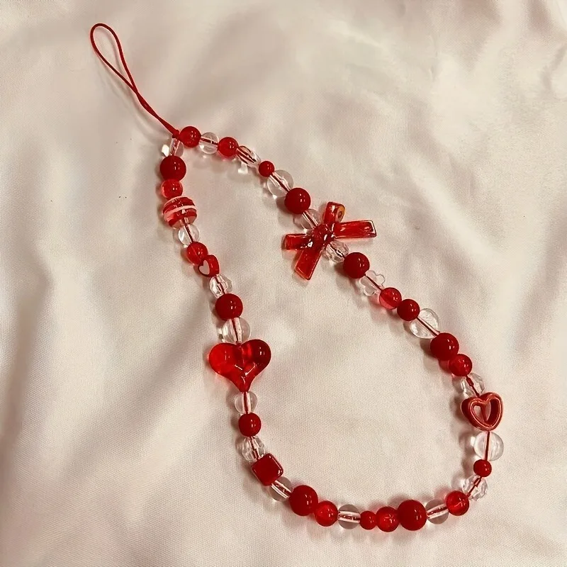 Ins Spicy Girl High-end Cute Redbow Heart Mobile Phone Strap Handmade Beading Diy Hanging Rope Pearl Chain