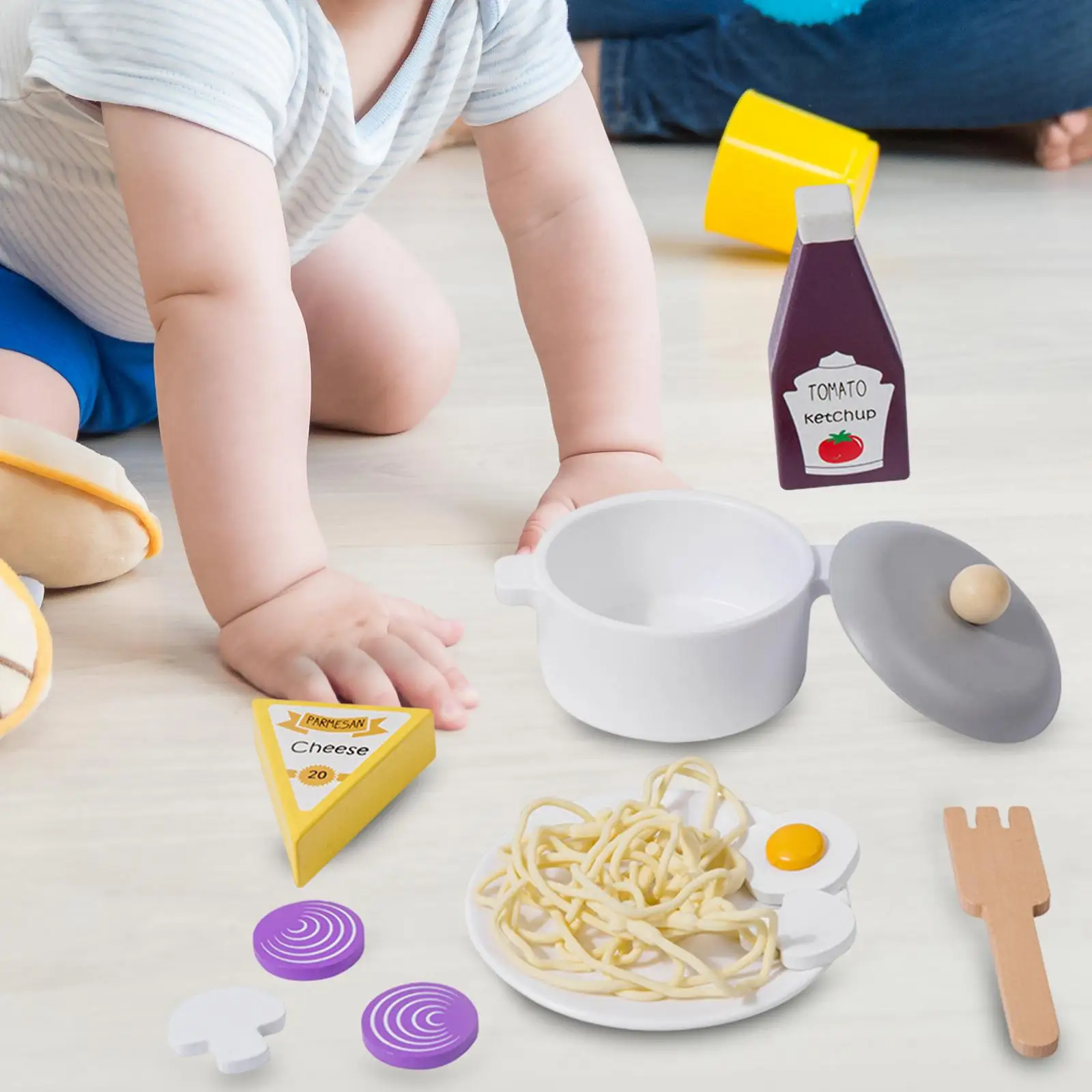 Simulação de cozinha de espaguete, crianças fingem brincar de dramatização, simulação de madeira