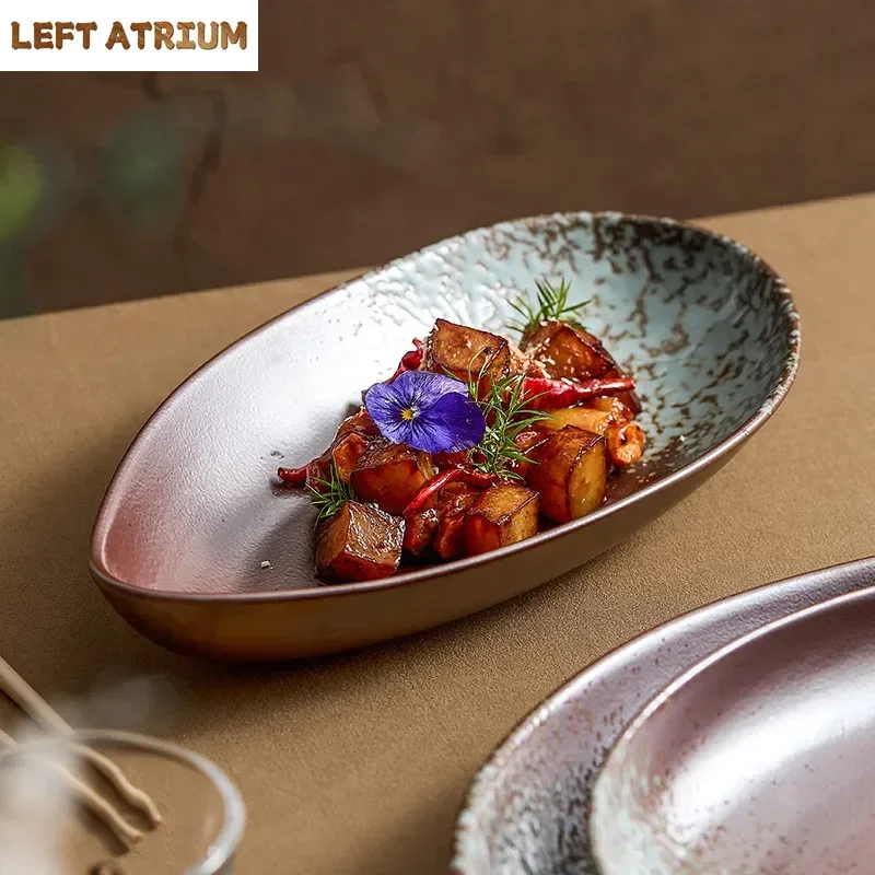 

Matte Metal Glazed Ceramic Plate, Fish Plate, Retro Oval Soup Plate, High-end Molecular Cuisine Specialty Tableware
