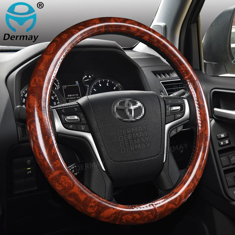 for Toyota Land Cruiser Prado FJ Cruiser Car Steering Wheel Cover Non-slip Mahogany Wood Grain PU Leather Auto Accessories