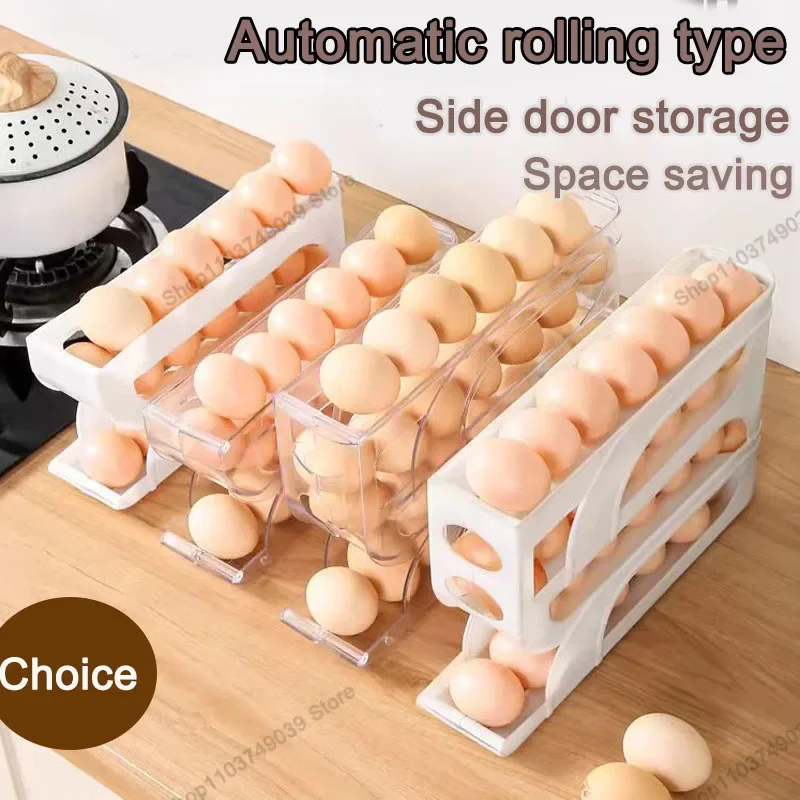 Home automatic rolling egg storage box, kitchen refrigerator side door, egg preservation rack, 30 egg boxes, 3-layer storage