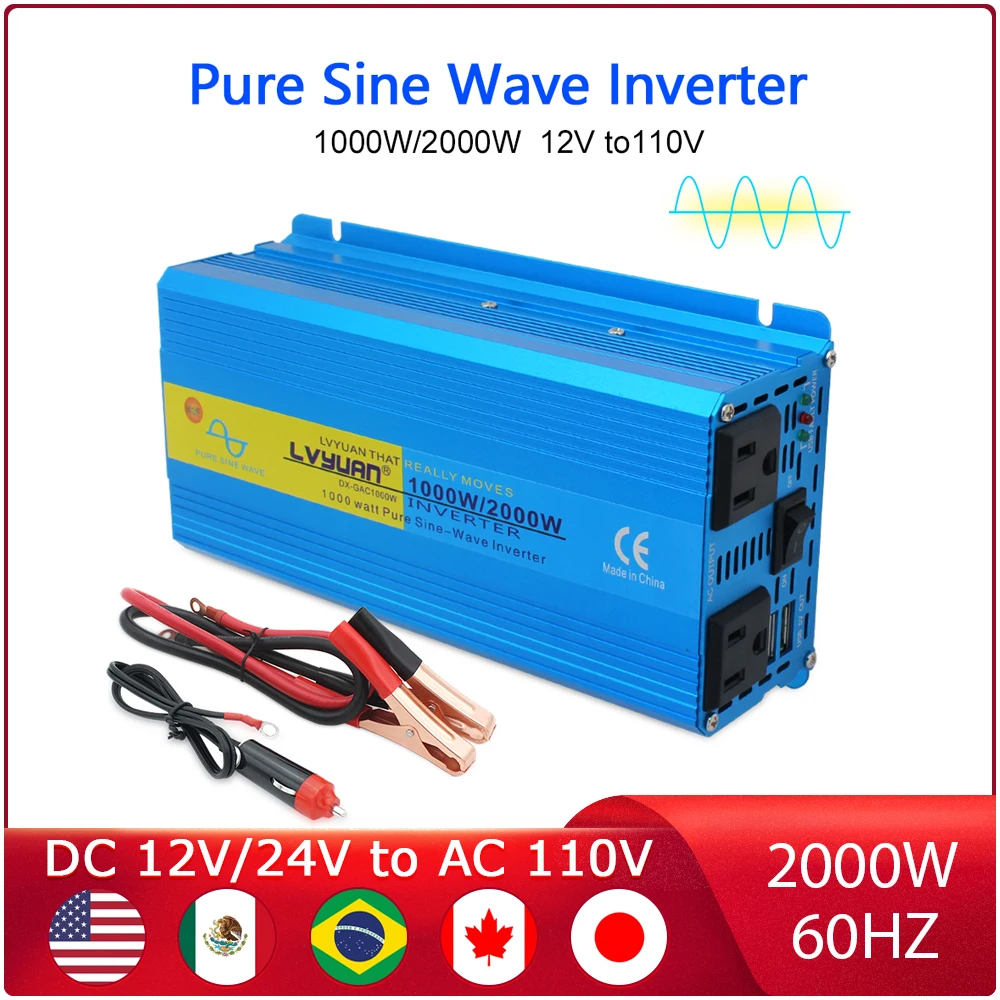 Inverter 12v 24V 110v Pure Sine Wave 1000W/2000W Transformer Convert Multi-function Socket Converter Car inverter