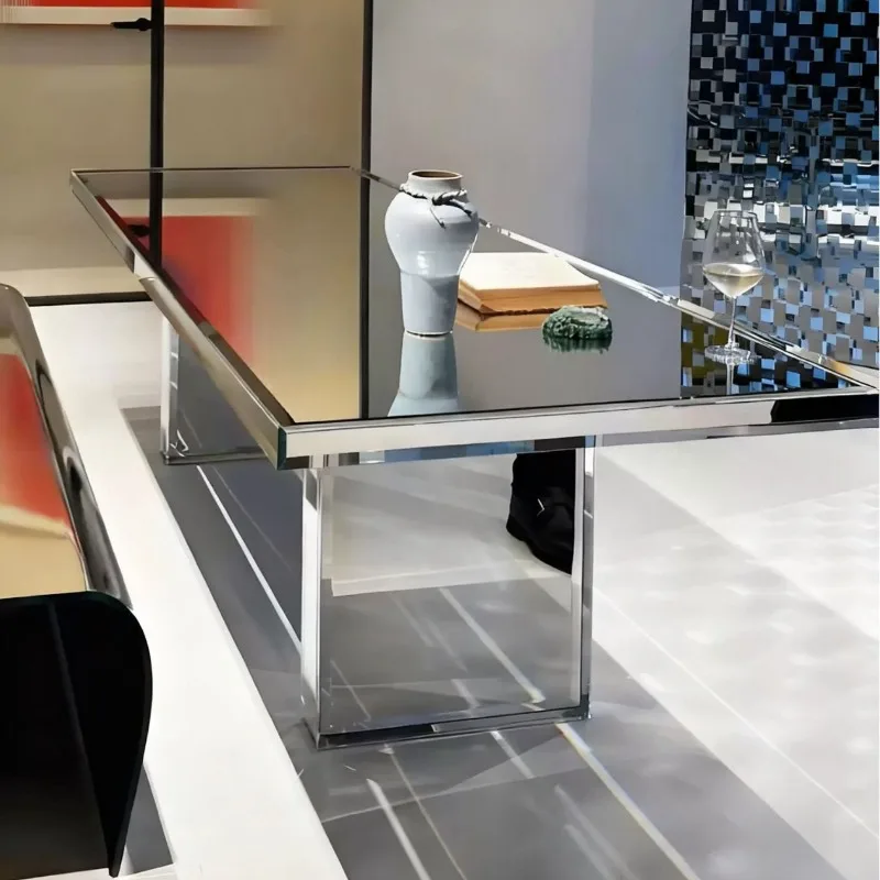 

Italian silver-plated mirror glass dining table household modern minimalist high-end rectangular office conference table