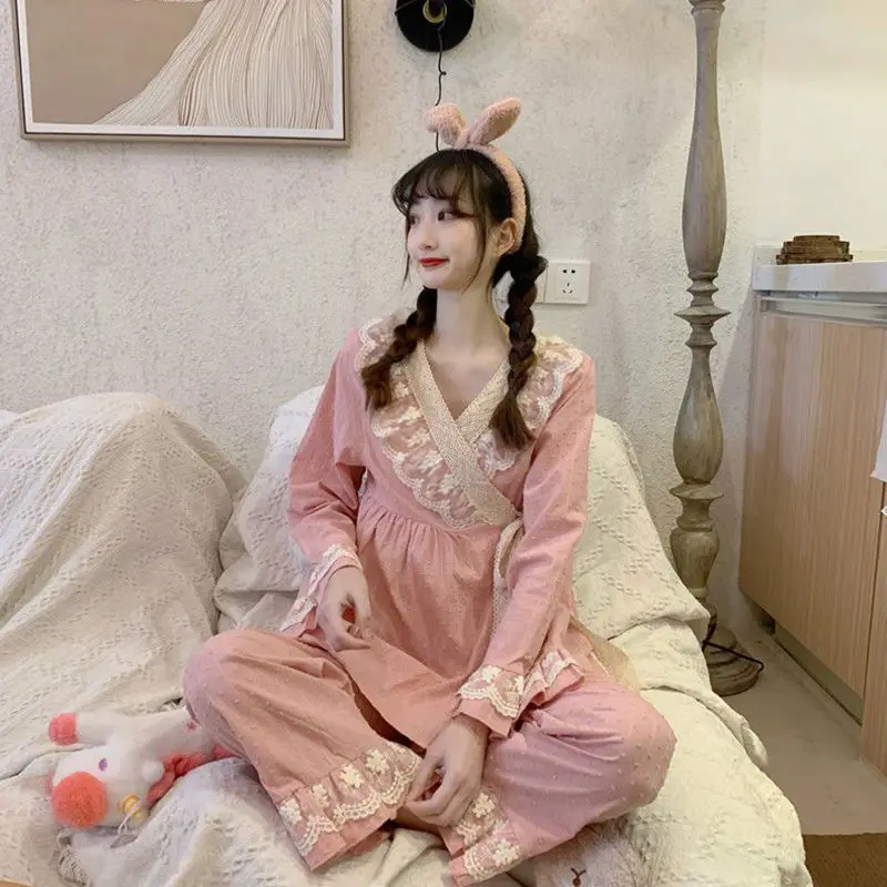 Pajama Sets Women Princess Sweet Lace Chic Lace-up Sleepwear for Girls Korean Fashion Autumn New Pajamas Aesthetic Home Clothing