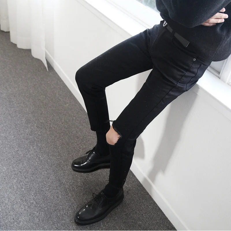 Trendy Korean Men's Fashion Beggar Pants Knee Single Holes Men's Slim Fit Black Pencil Pants 2022 New Ankle Length Pants