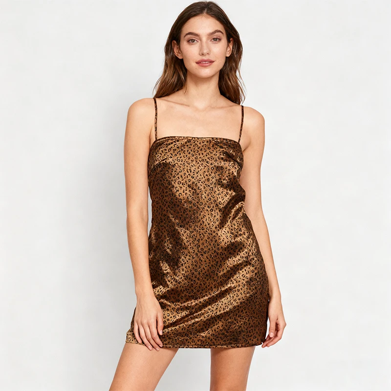レディースセクシーミニドレス、ヒョウ柄サスペンダーストラップ、バックレス、スリムフィット、パーティーセクシーショートスカート、パーティードレス、vestido