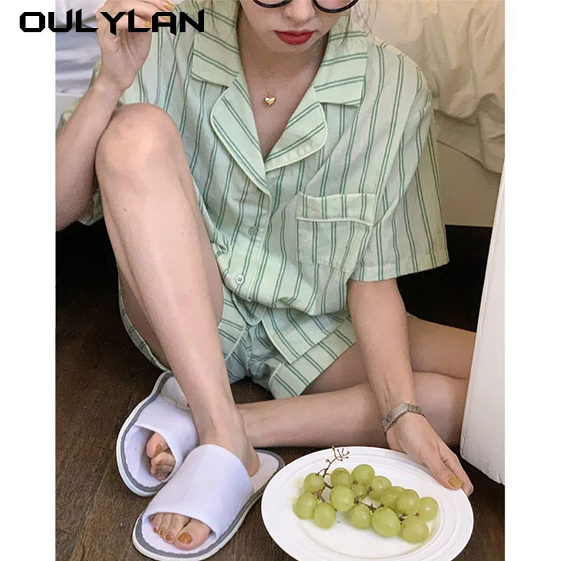 Oulylan Summer Short Sleeve Shorts Pajamas Set Women's Pajamas Students Can Wear Home Clothes Set Korean Style 2024 Spring