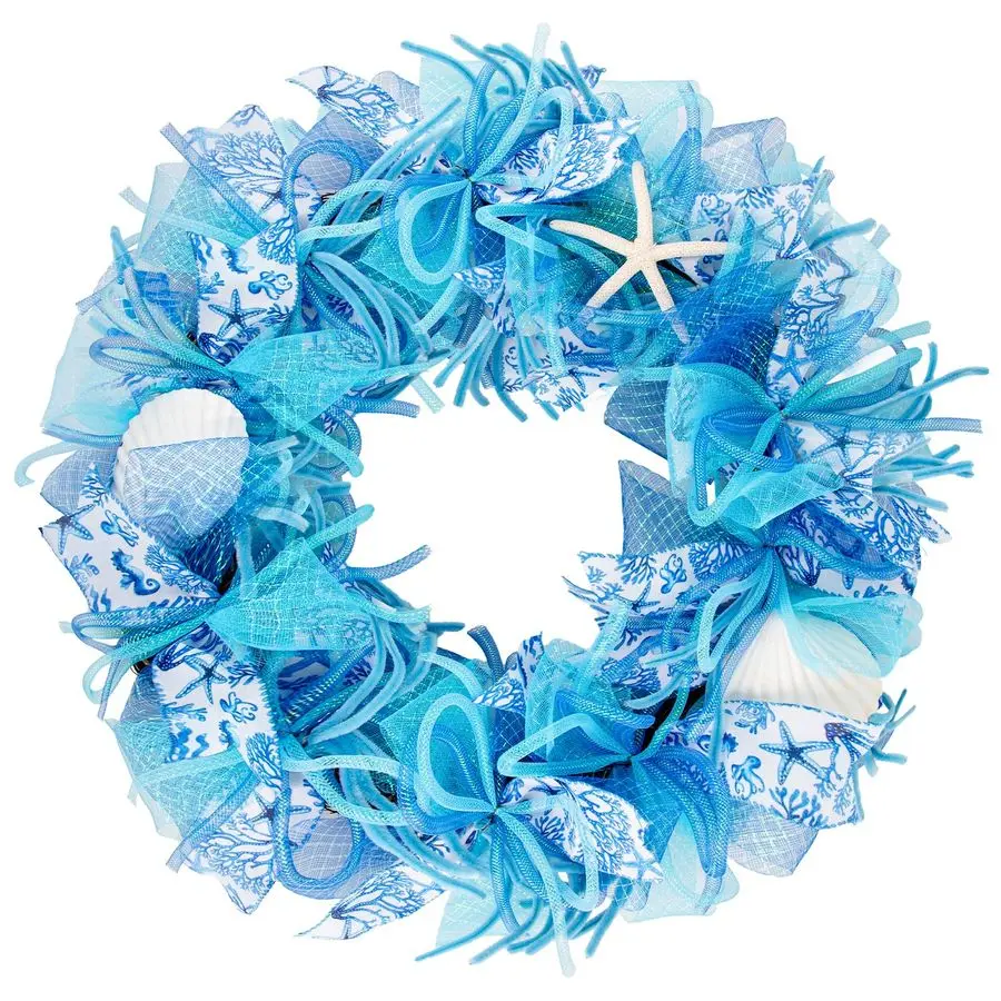 

Большой венок из дюймовой прибрежной ракушки с натуральной морской звездой и гребешком, синий венок для входной двери в пляжном стиле с весной