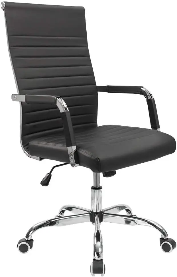 

Ribbed Office Desk Chair Mid-Back PU Leather Executive Conference Task Chair Adjustable Swivel Chair with Arms (Black)