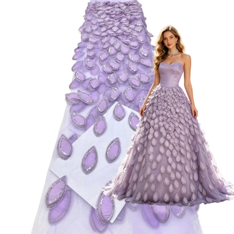 Elegant New Design 3D Hand Embroidered Leaf Tulle Lace Fabric, African Sequin Beaded Mesh Lace for Women Party Wedding Gowns