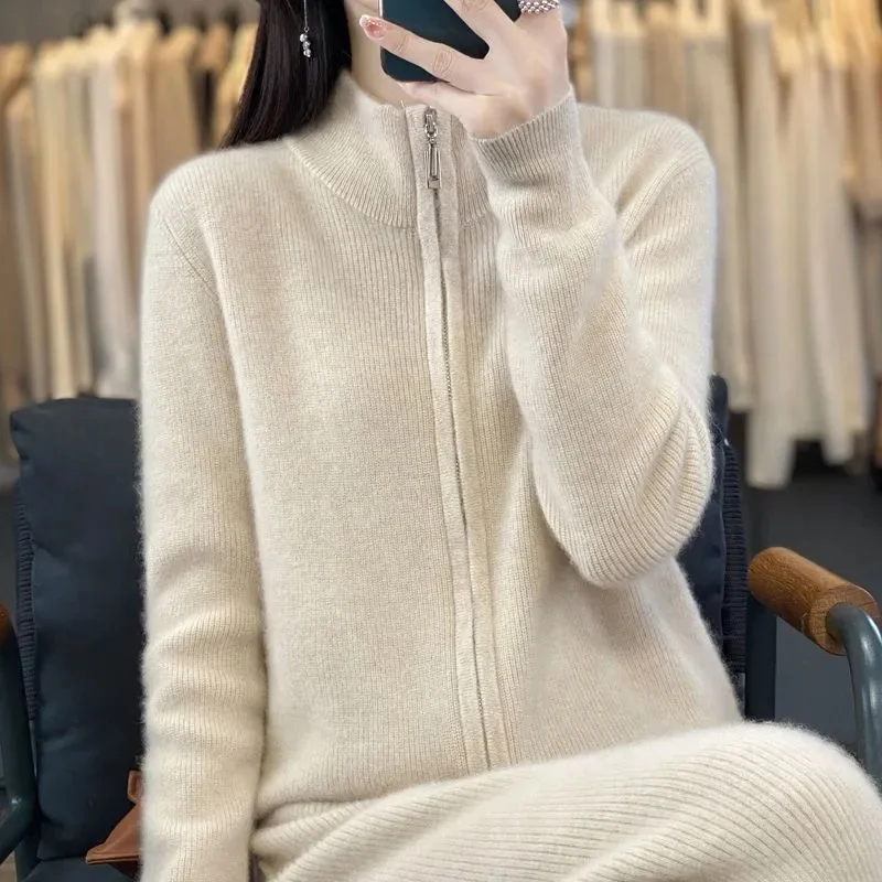 2024 New 100% Pure Wool Zipper Cardigan Padded Shoulder Stand Collar Women\'s Long Sleeve Cashmere Knitted Coat Lapel Sweater