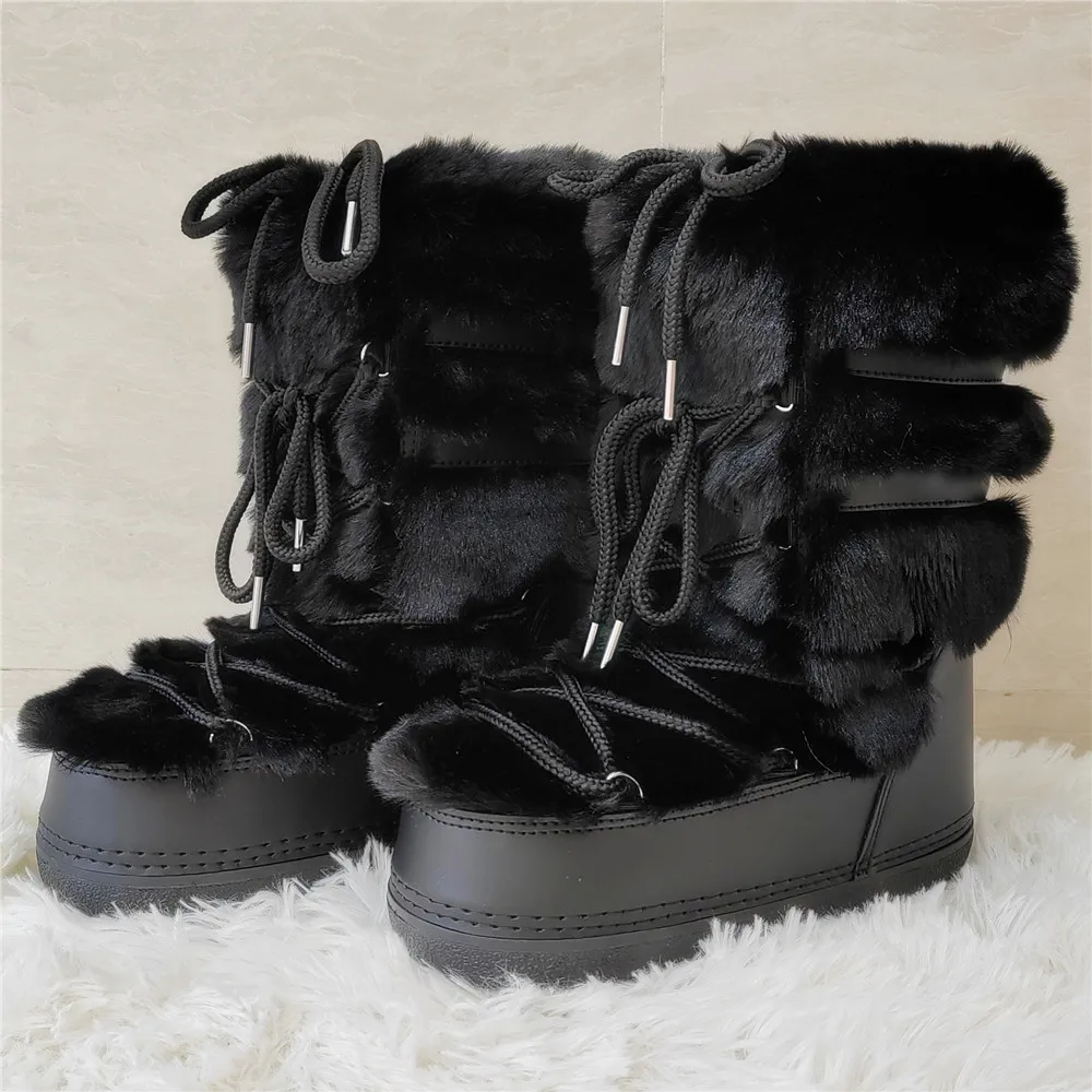 2024 Winter Boots Women Mid-calf Platform Hairy White Boots Fluffy Furry Faux Fur Ski Boots Lace-up Waterproof Y2K Snow Boots