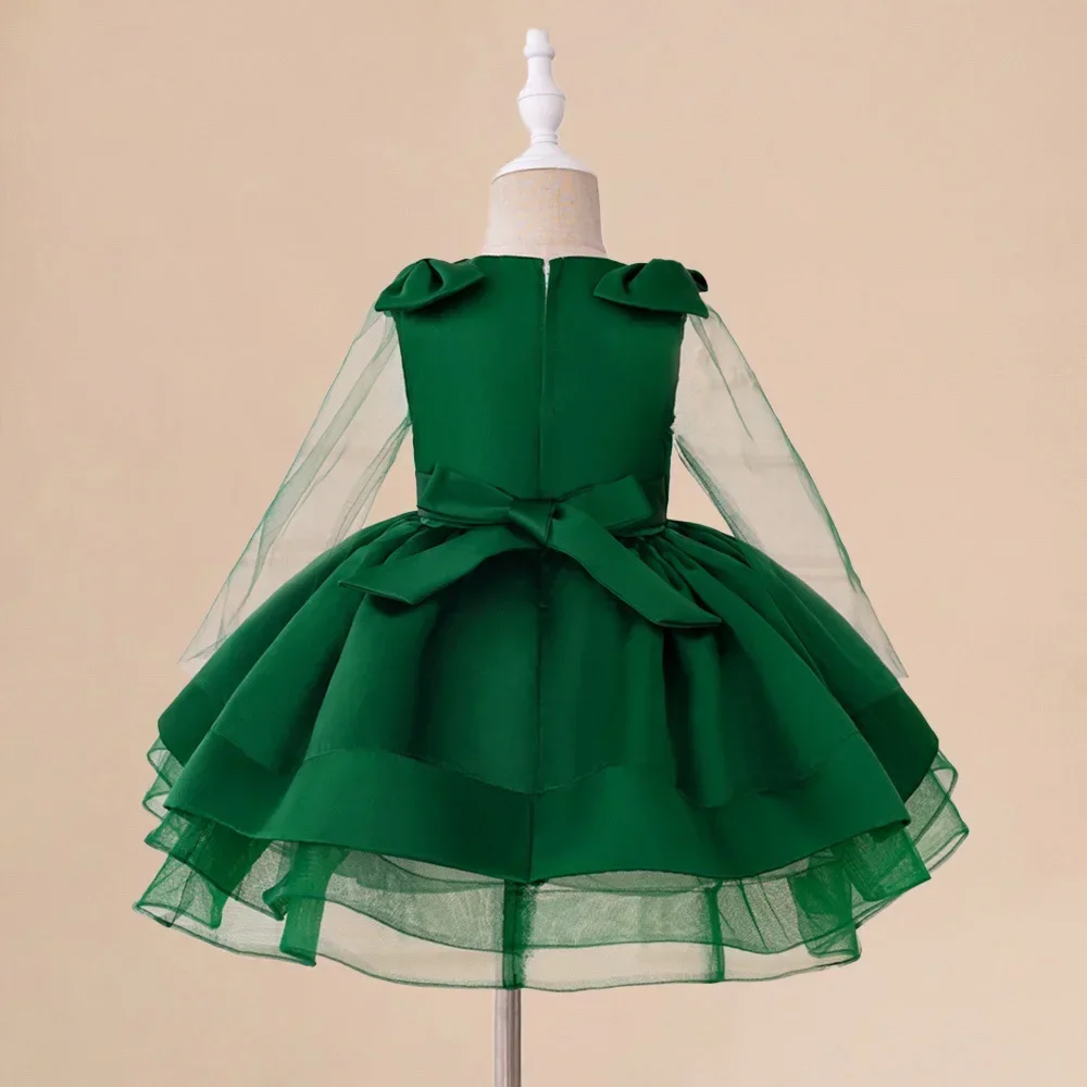 Elegant Girls Vintage Green Dress For Baby Toddler Bow Lace Costume Infant Formal Evening Prom Gown Girls Fashion Summer Clothes