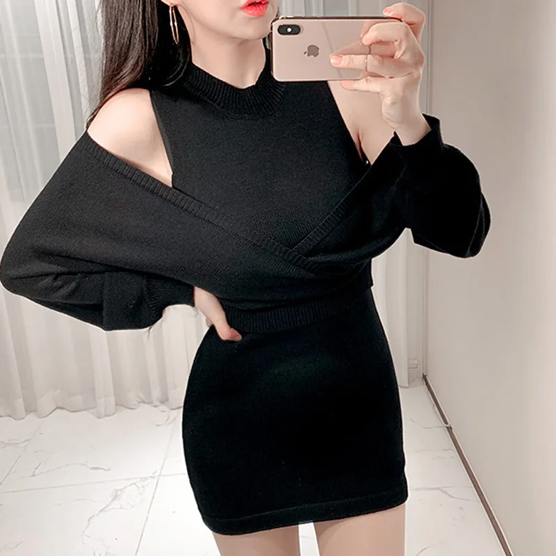 

Women'S Autumn Winter New Elegant Socialite Sleeve Sweater Bodycon Knitted Dress Two-Piece Set