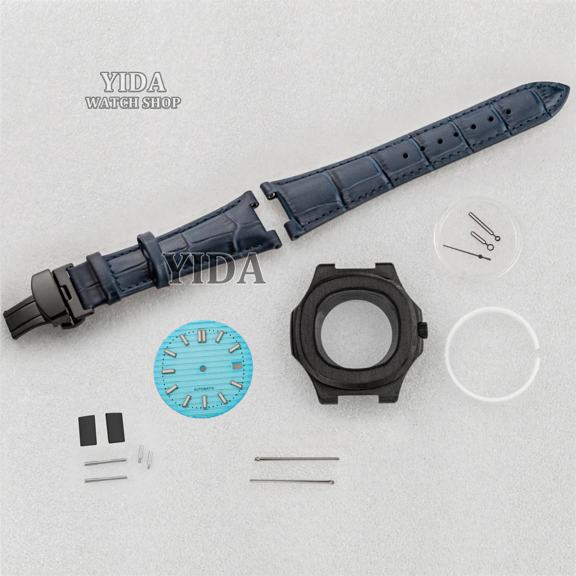 

For Nautilus Watch Case Genuine Leather Bracelet Green Luminous Dial Hands Sapphire Glass 41mm Waterproof Case Fit NH35 Movement