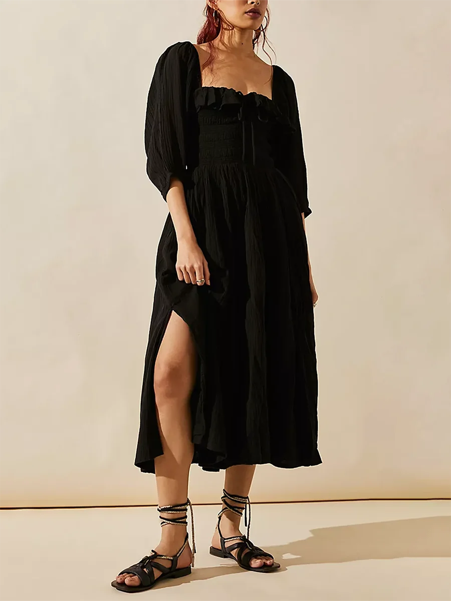 

Women Elegant Square Neck Maxi Dress Ruffle Ruched Short Sleeve High Split A Line Flowy Beach Long Dresses