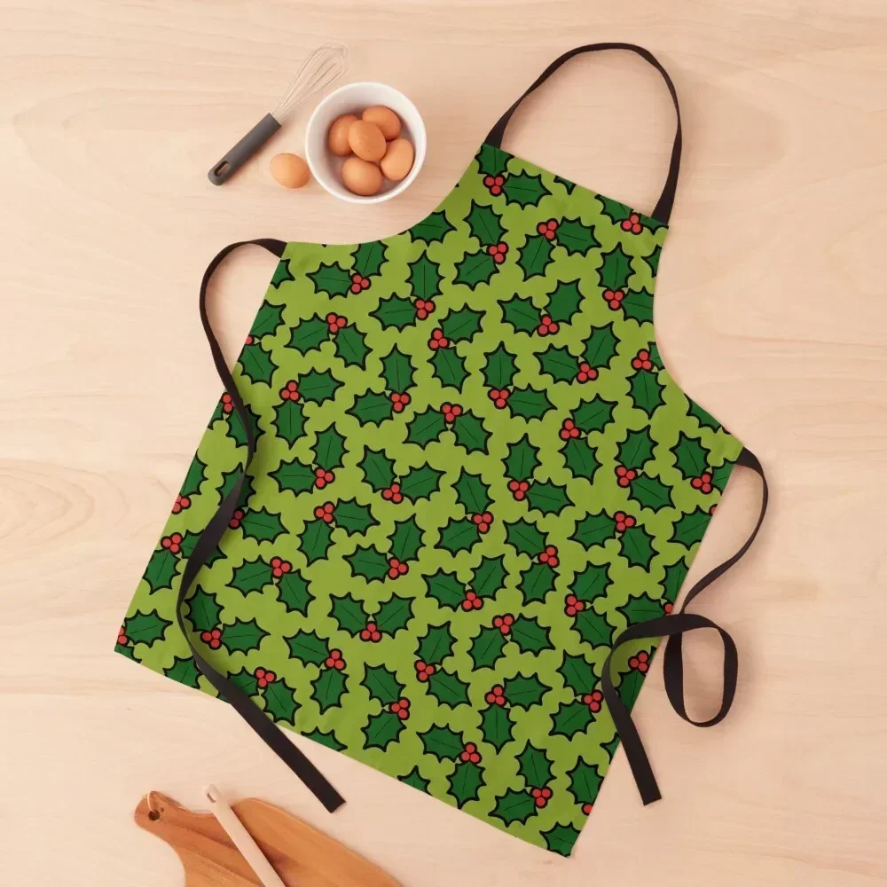

Holly Leaves and Berries Pattern in Light Green Apron Teacher christmas decoration Women's Dresses Apron