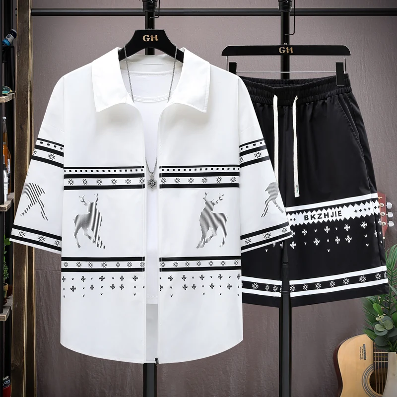 2024 New Summer Men Sets Casual Lapel Short Shirts Shorts Two-Piece Suit Casual printing Loose Fashion Streetwear set