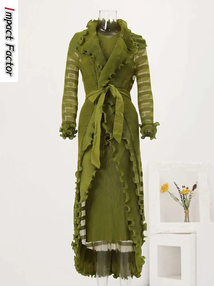 Miyake Fashion Party Pleated 2 Piece Set Women Ruffles Belt Gathered Waist Long Coat Sleeveless Slim Dresses 2024 New