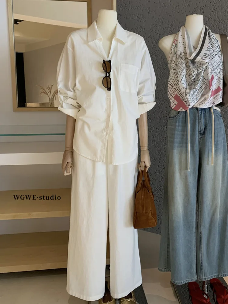 KWTX 여성용 화이트 캐주얼 셔츠 & 팬츠 세트 2피스 의상 - 루즈핏 라운지웨어 (커프 소매), 우아한 오피스룩