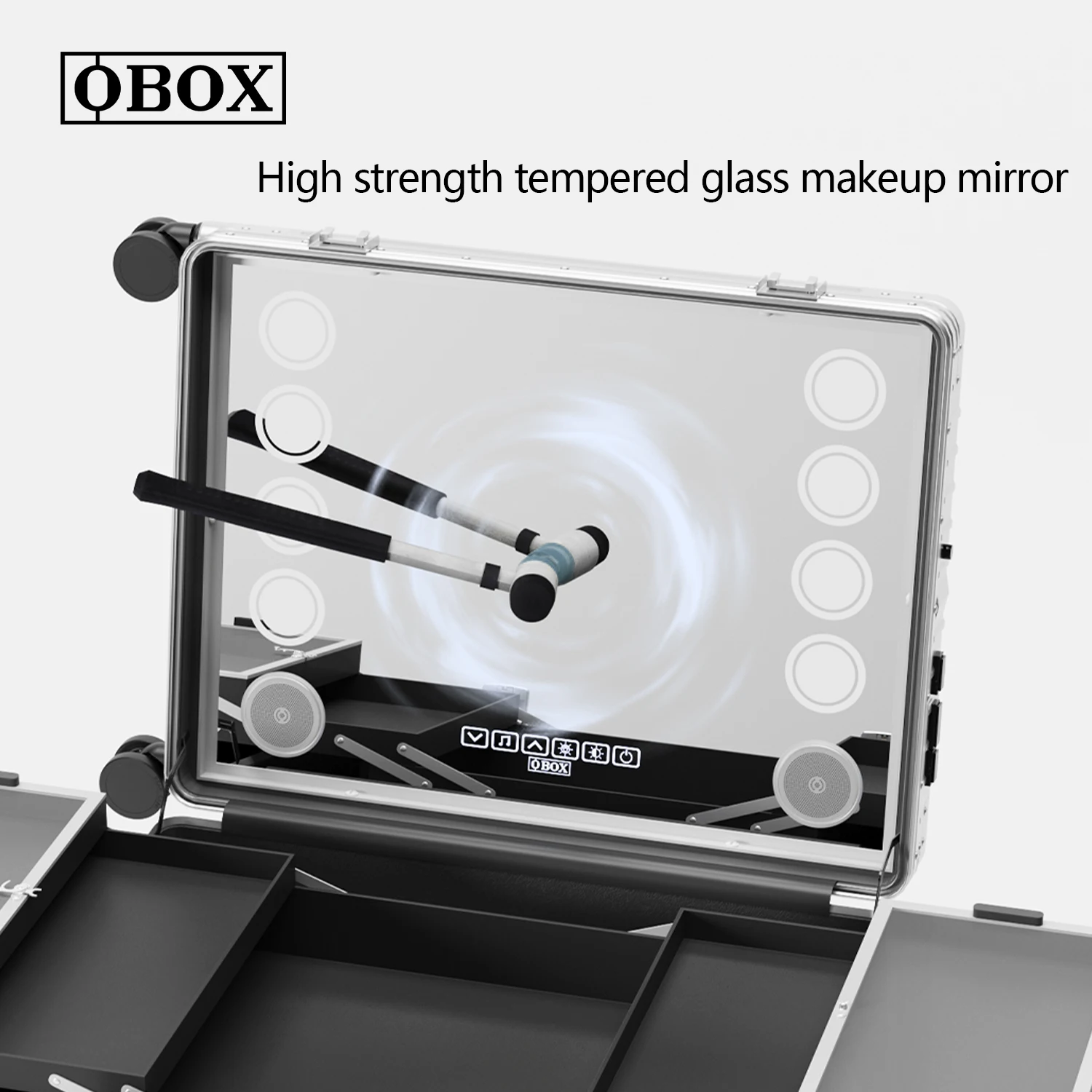 OBOX Hard Aluminum Factory Direct Commercial Trolley Makeup Box Suitcase With LED Light And Bluetooth Cosmetic Case