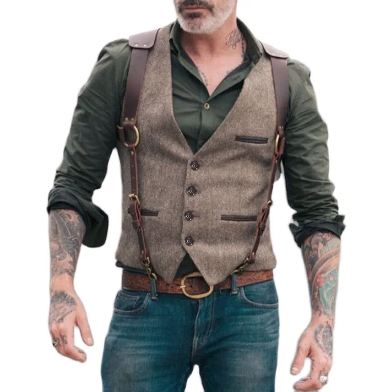 New  Men Casual Retro Single-Breasted Suit Vest With Belt Elegant Sleeveless Work Wear Clothing Male Overcoat