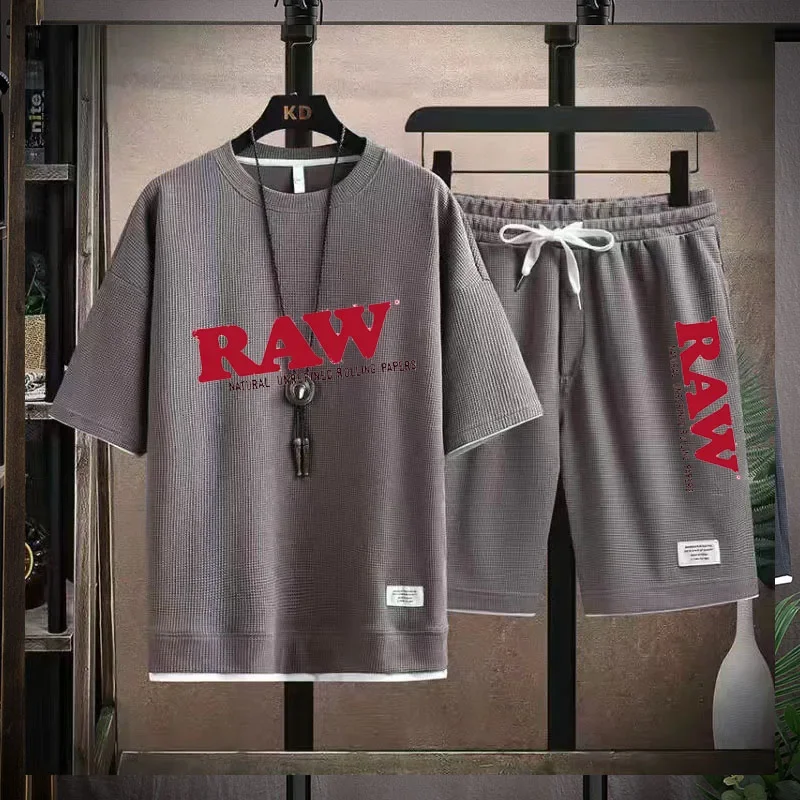 RAW-ชุดวอร์มลําลองผู้ชาย,คอวี,ชุดกีฬาจ็อกเกอร์หลวม,วอร์ม,เสื้อยืด,กางเกงขาสั้นสูท,งานเย็บปะติดปะต่อกัน,เสื้อผ้าฤดูร้อน,2 ชิ้น