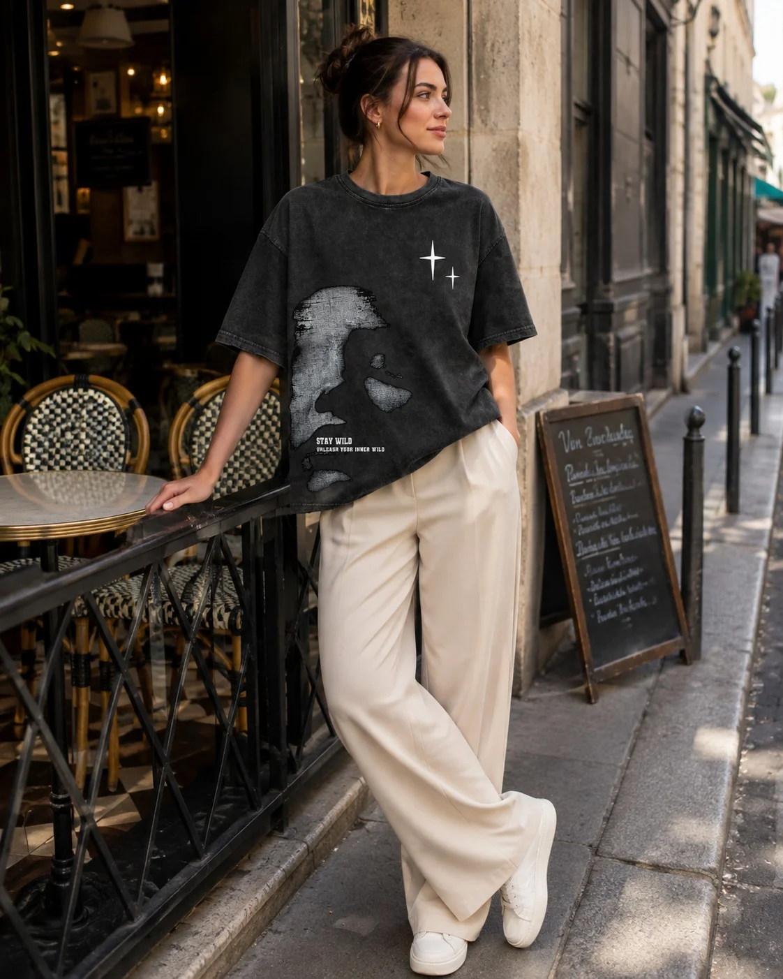 Women's Summer Crew Neck Short Sleeve T-shirt Vintage Washed Meteor Star Prin Loose Retro Street Top Fashion Casual Outfit