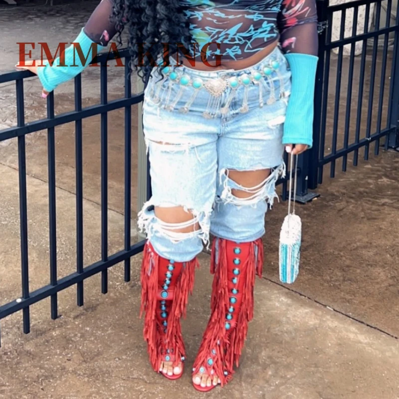 فو الجلود هامش حذاء برقبة للركبة المرأة المفتوحة تو الأحجار الكريمة ديكور خنجر كعب الظهر البريدي الصيف ملهى ليلي عالية الكعب 44 #3