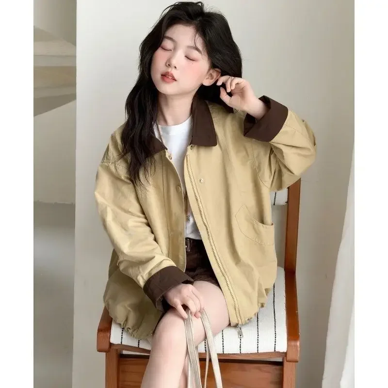 

Teenage Girl's Spring Autumn Casual Jacket Color Block Collar zipper Coat Children's Leisure Fashion for Tweens 120-170CM